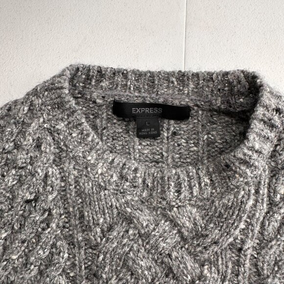 Vtg Express Gray Cable Knit Wool Blend Sweater L Crewneck Warm Coastal Y2K Retro - Picture 9 of 10